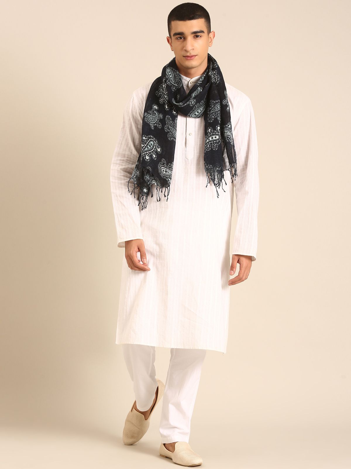 Linen Club Unisex Linen Stole Paisley Black  (Size:Free)