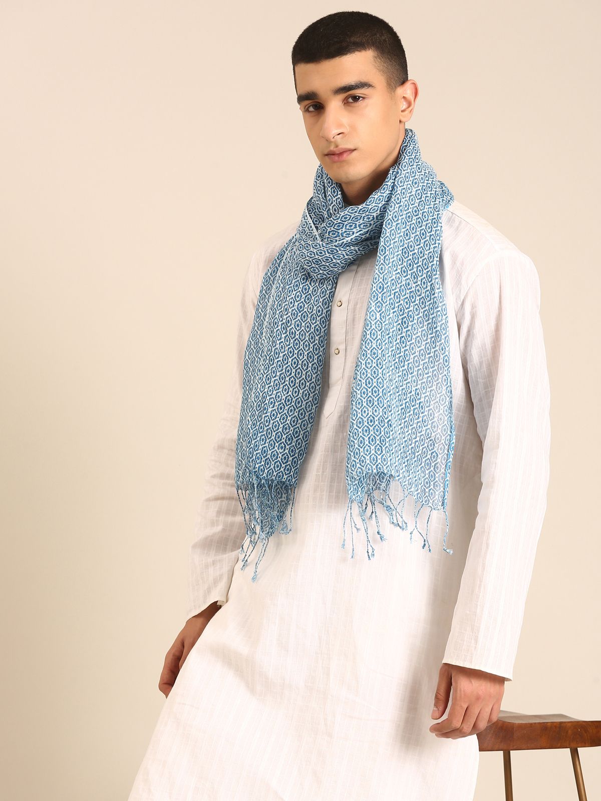 Linen Club Unisex Linen Stole Geometric Light Blue (Size:Free)