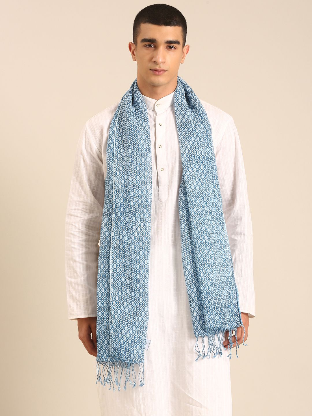 Linen Club Unisex Linen Stole Geometric Light Blue (Size:Free)