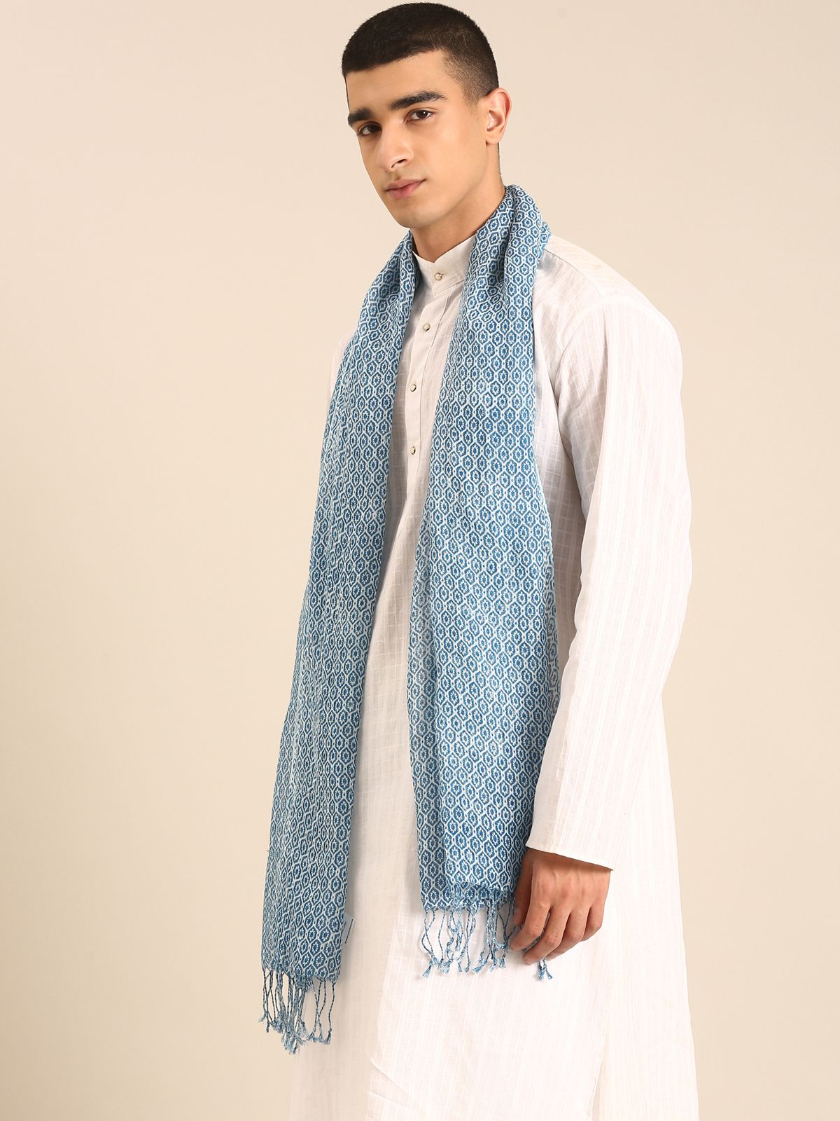 Linen Club Unisex Linen Stole Geometric Light Blue (Size:Free)