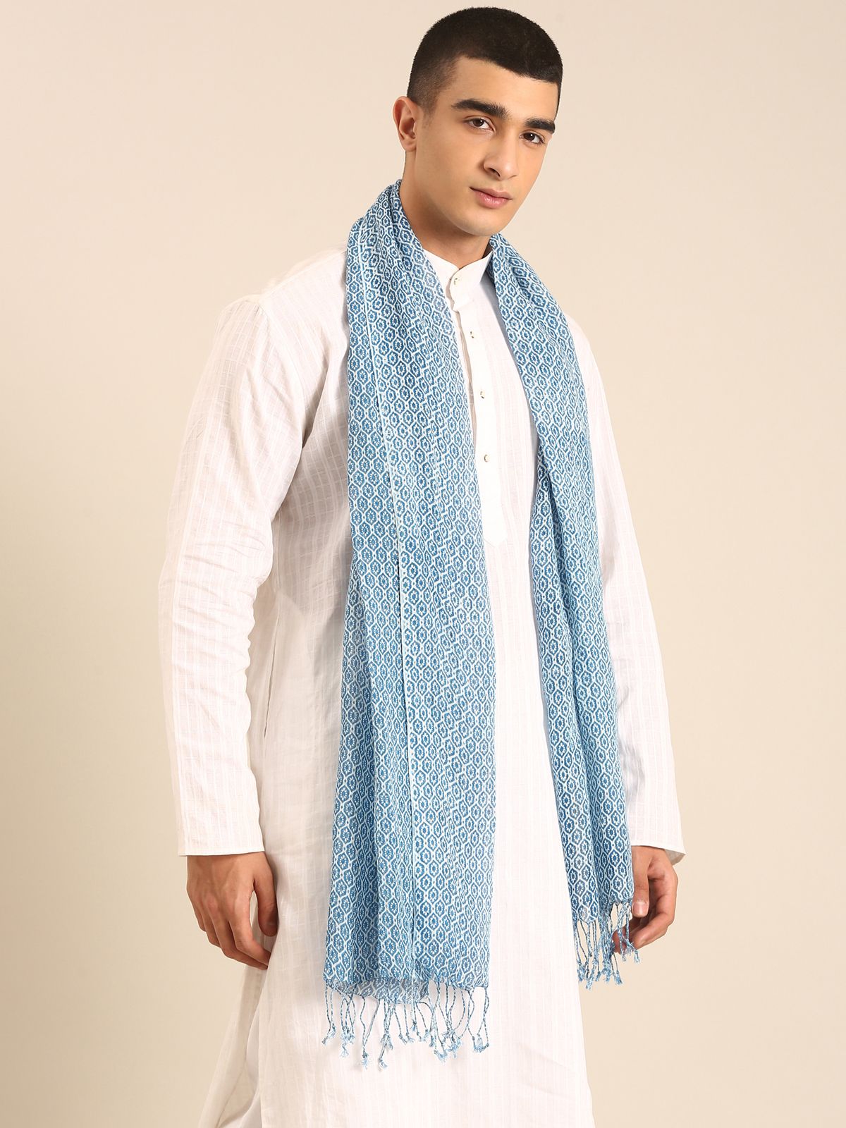 Linen Club Unisex Linen Stole Geometric Light Blue (Size:Free)