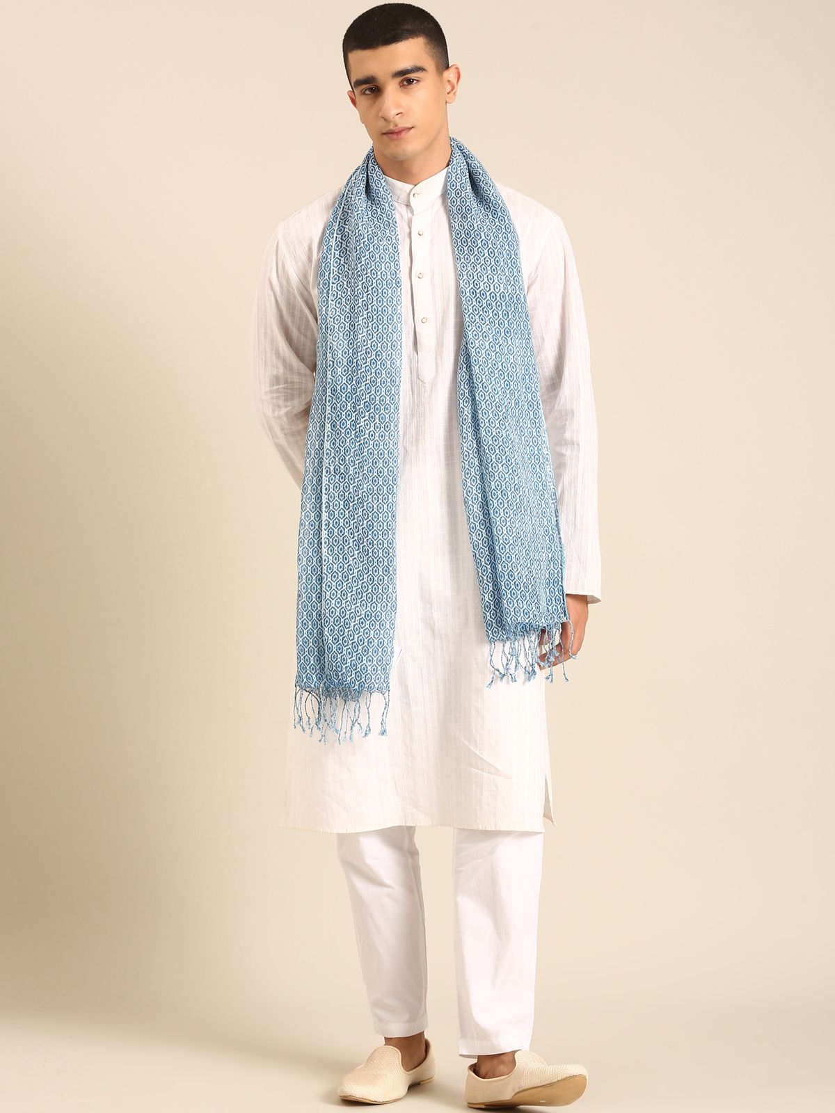 Linen Club Unisex Linen Stole Geometric Light Blue (Size:Free)