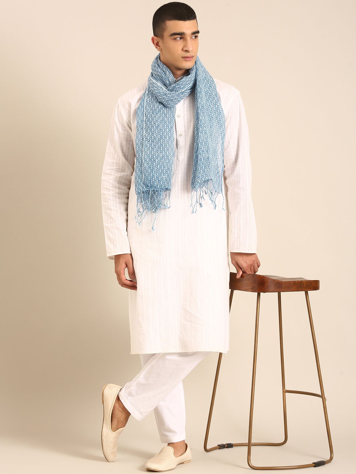 Linen Club Unisex Linen Stole Geometric Light Blue (Size:Free)