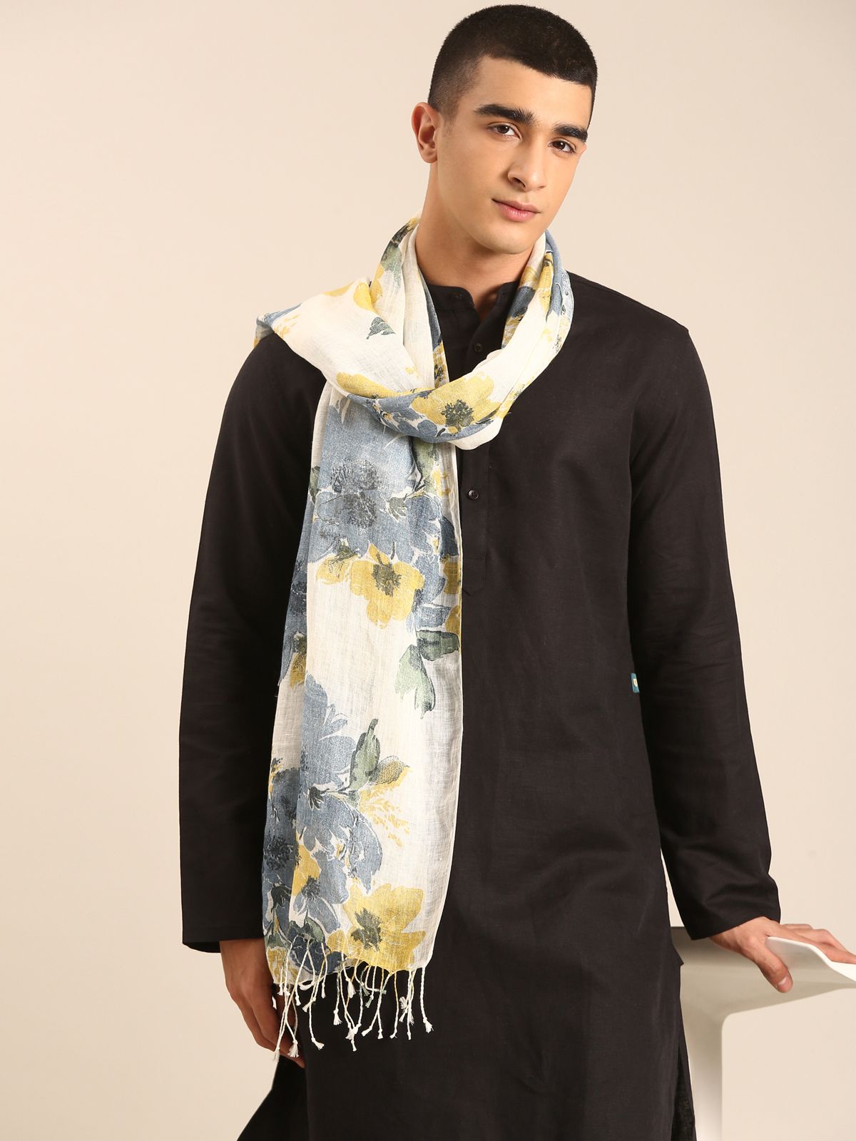 Linen Club Unisex Linen Stole Floral Cream  (Size:Free)