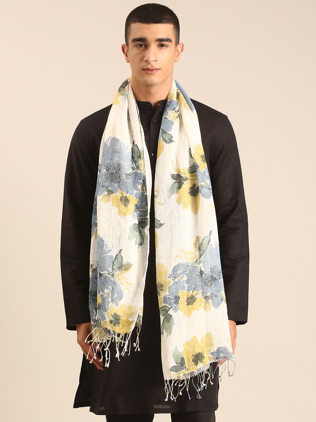 Linen Club Unisex Linen Stole Floral Cream  (Size:Free)