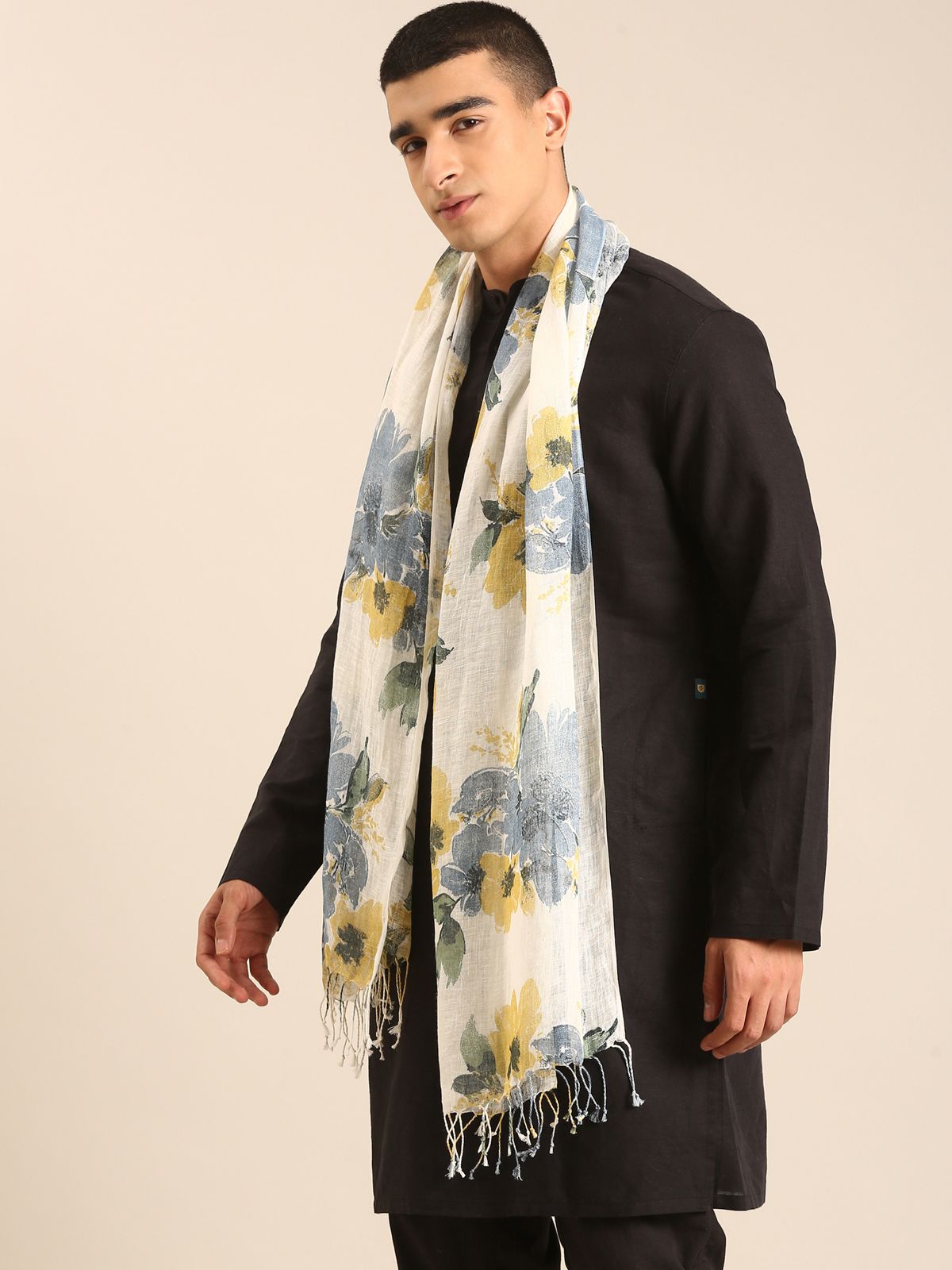 Linen Club Unisex Linen Stole Floral Cream  (Size:Free)