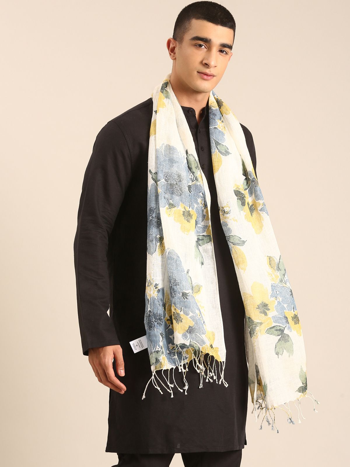 Linen Club Unisex Linen Stole Floral Cream  (Size:Free)