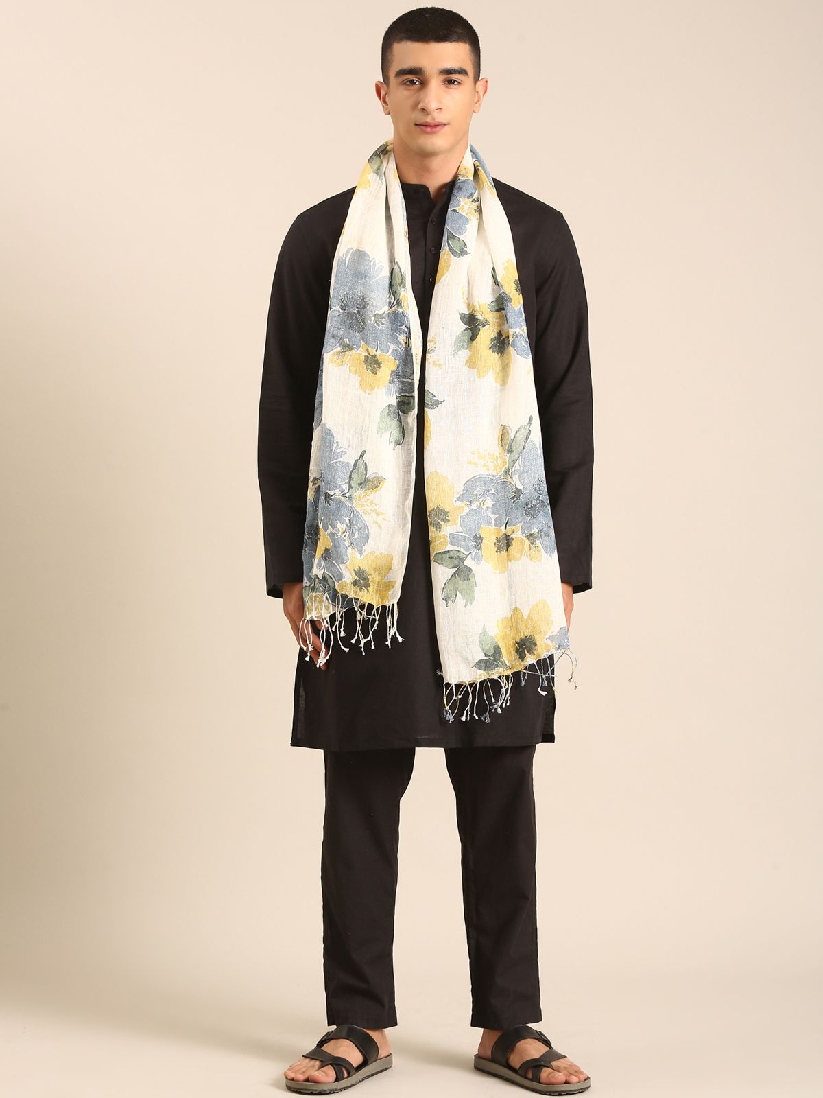Linen Club Unisex Linen Stole Floral Cream  (Size:Free)