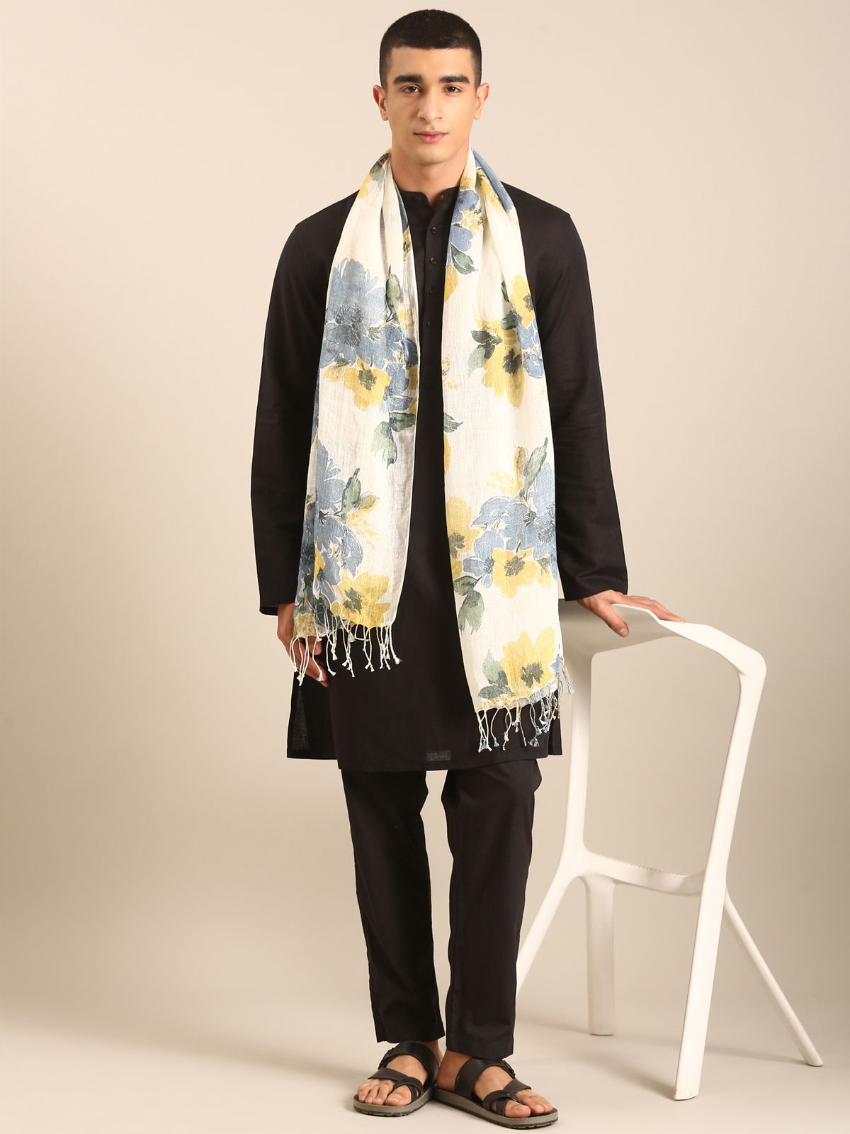 Linen Club Unisex Linen Stole Floral Cream  (Size:Free)