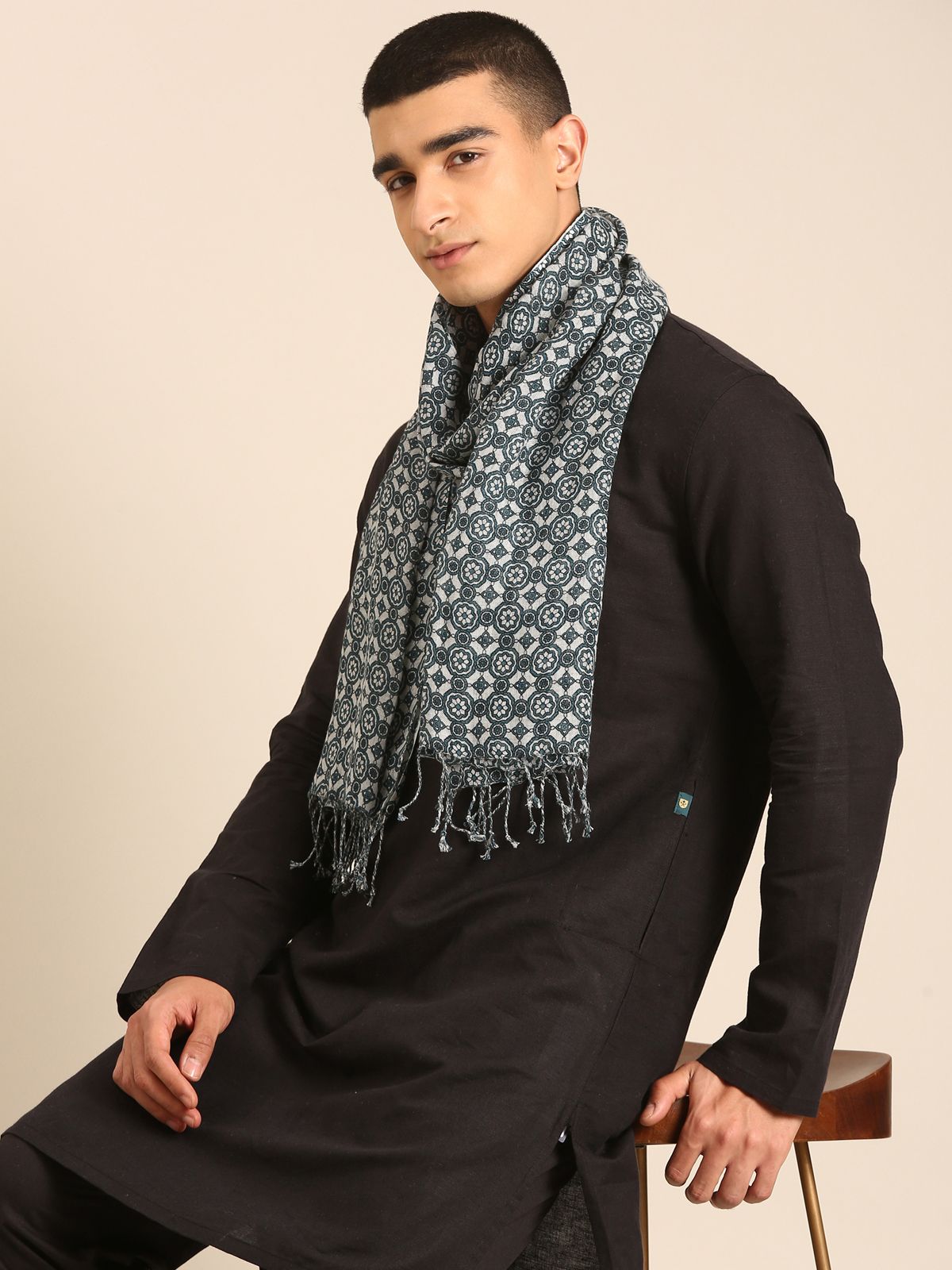 Linen Club Unisex Linen Stole Geometric Light Grey (Size:Free)