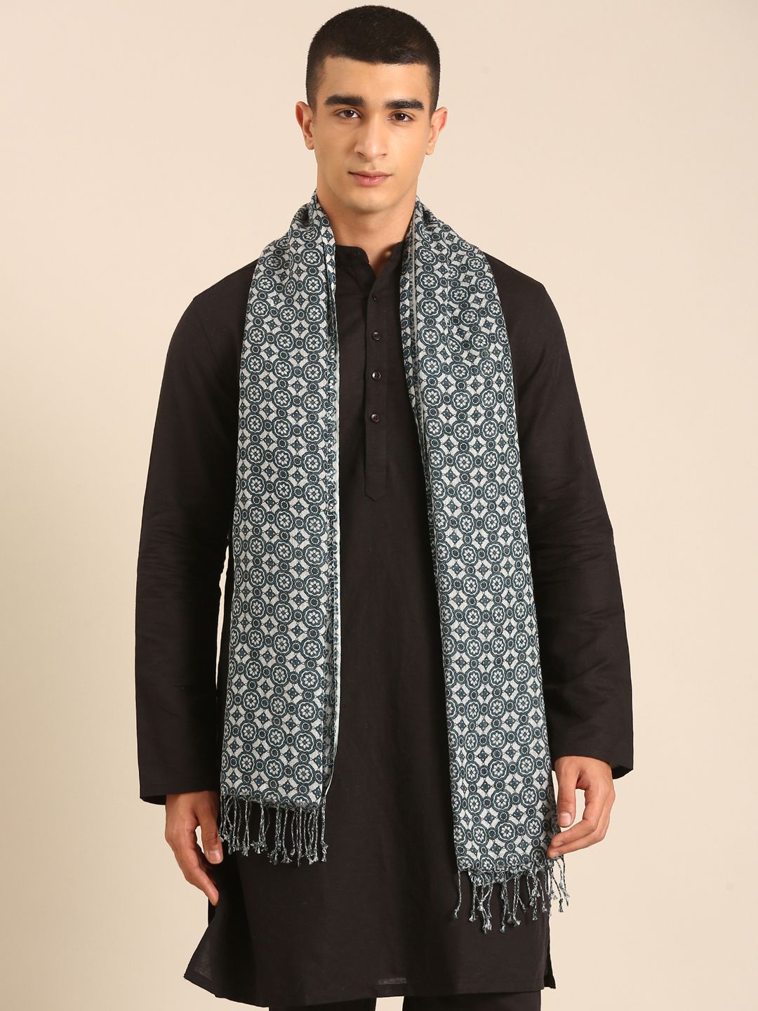 Linen Club Unisex Linen Stole Geometric Light Grey (Size:Free)