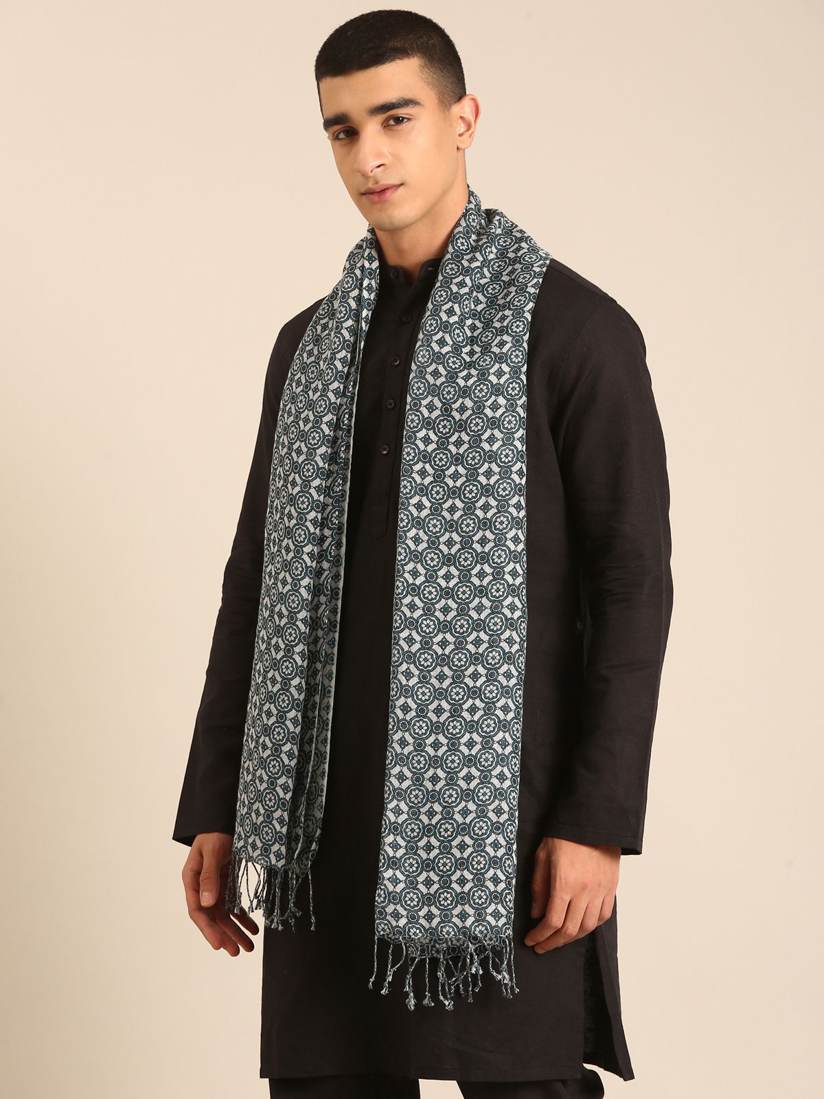 Linen Club Unisex Linen Stole Geometric Light Grey (Size:Free)