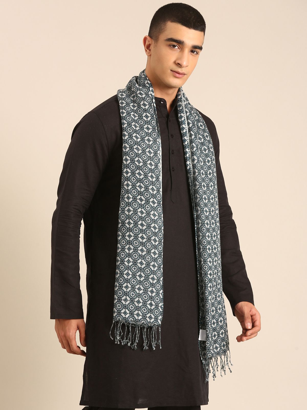 Linen Club Unisex Linen Stole Geometric Light Grey (Size:Free)