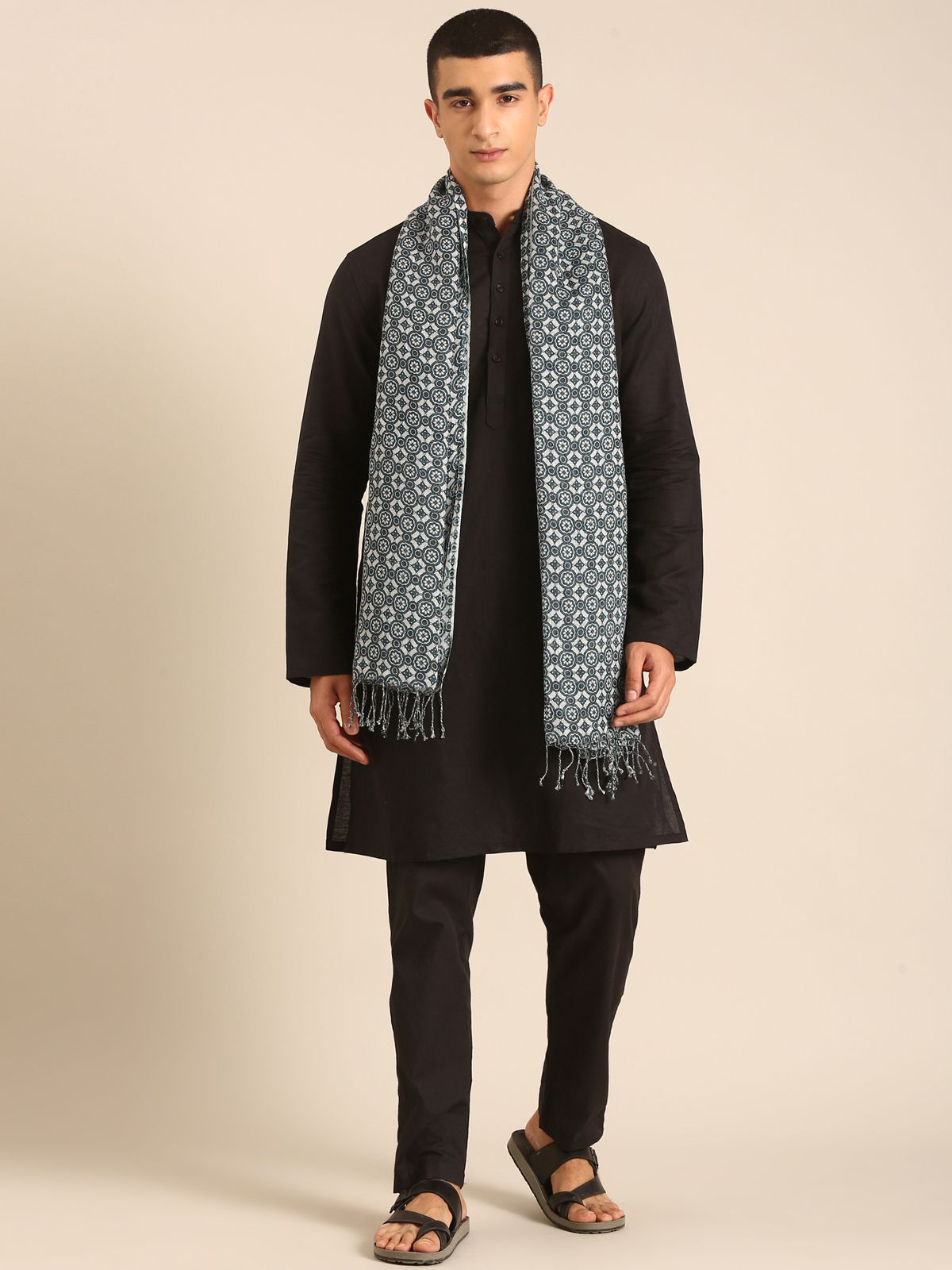 Linen Club Unisex Linen Stole Geometric Light Grey (Size:Free)