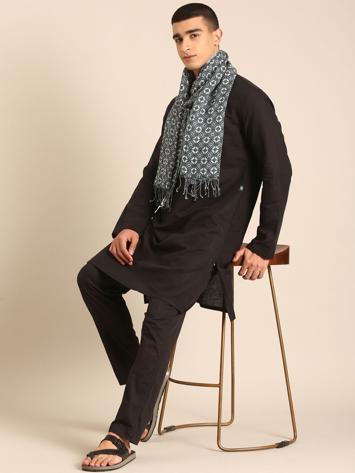 Linen Club Unisex Linen Stole Geometric Light Grey (Size:Free)