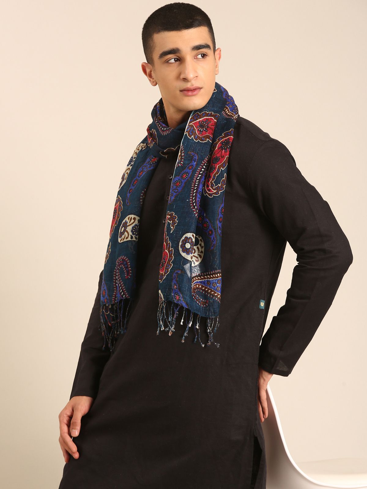 Linen Club Unisex Linen Stole Paisley Dark Teal (Size:Free)