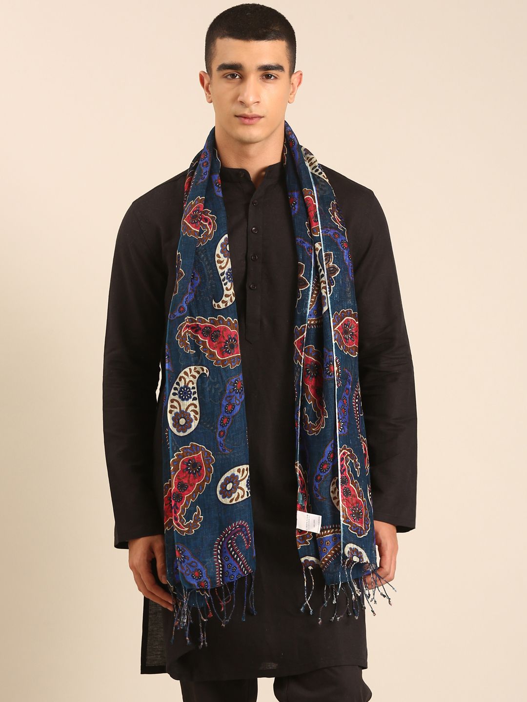 Linen Club Unisex Linen Stole Paisley Dark Teal (Size:Free)