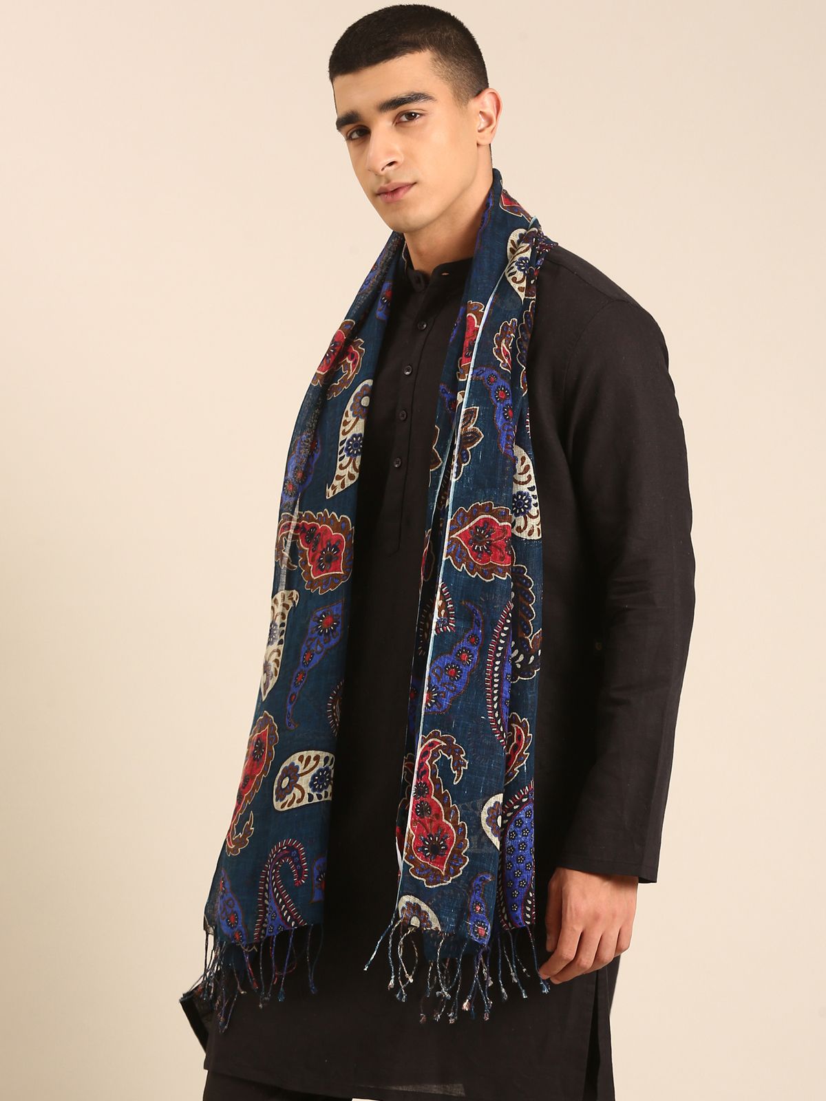 Linen Club Unisex Linen Stole Paisley Dark Teal (Size:Free)