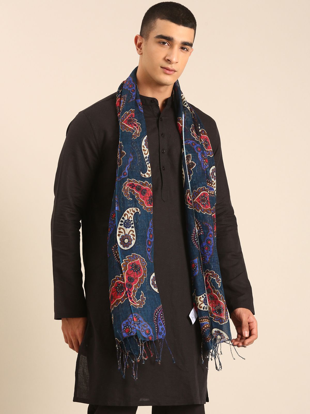 Linen Club Unisex Linen Stole Paisley Dark Teal (Size:Free)