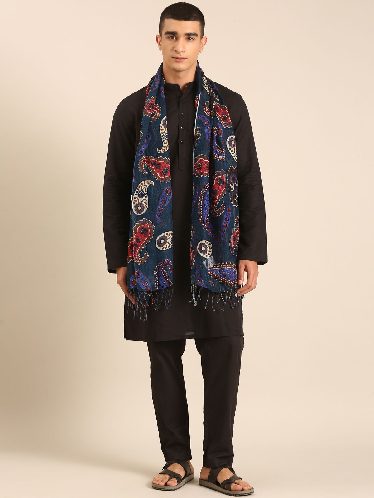 Linen Club Unisex Linen Stole Paisley Dark Teal (Size:Free)