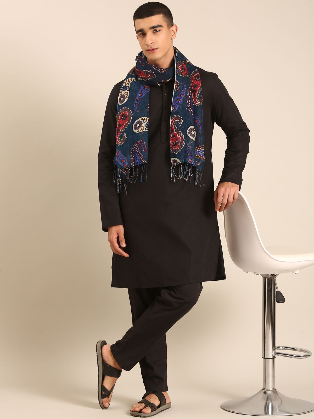 Linen Club Unisex Linen Stole Paisley Dark Teal (Size:Free)