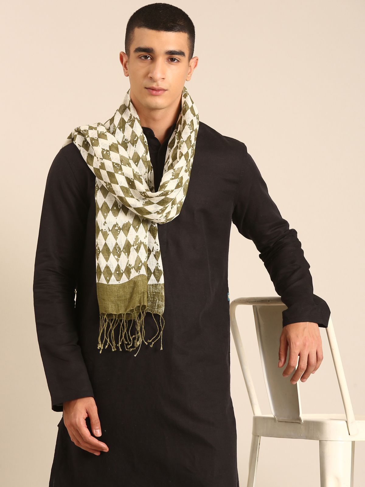 Linen Club Unisex Linen Stole Geometric Off White (Size:Free)