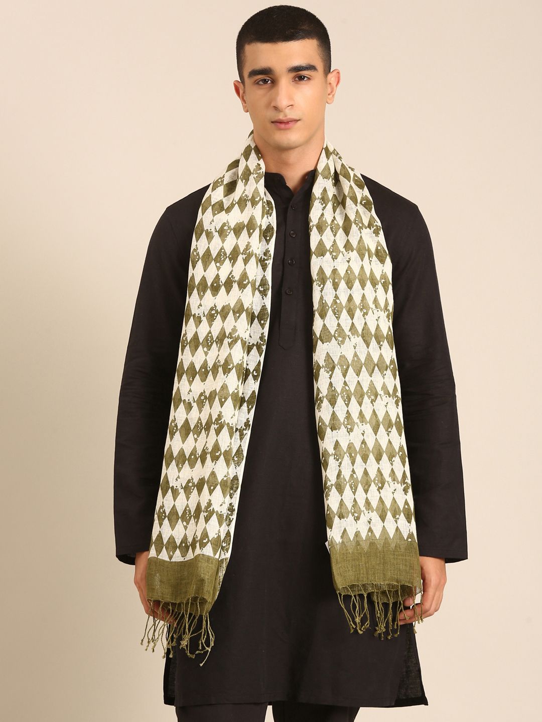 Linen Club Unisex Linen Stole Geometric Off White (Size:Free)