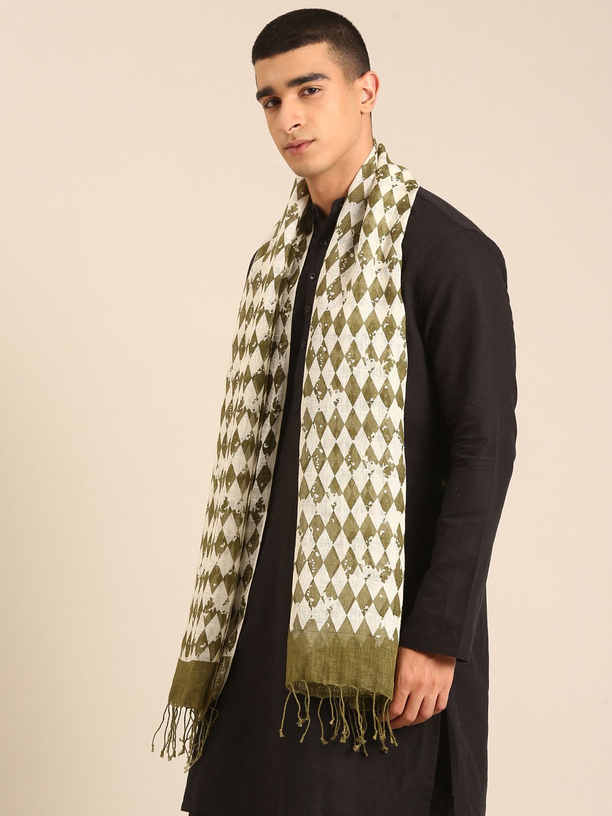 Linen Club Unisex Linen Stole Geometric Off White (Size:Free)