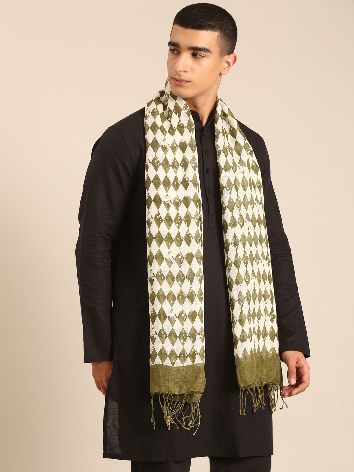 Linen Club Unisex Linen Stole Geometric Off White (Size:Free)