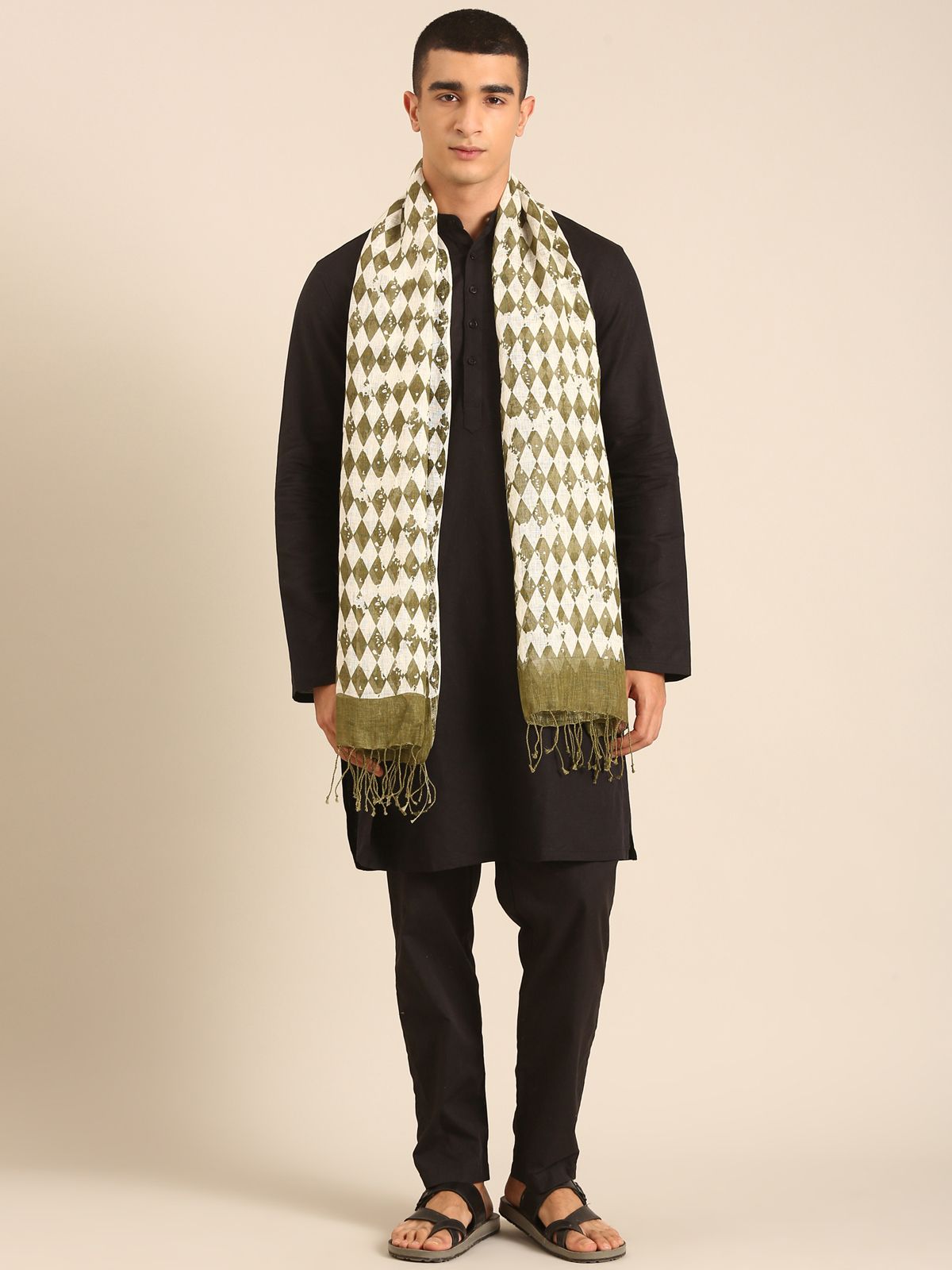 Linen Club Unisex Linen Stole Geometric Off White (Size:Free)