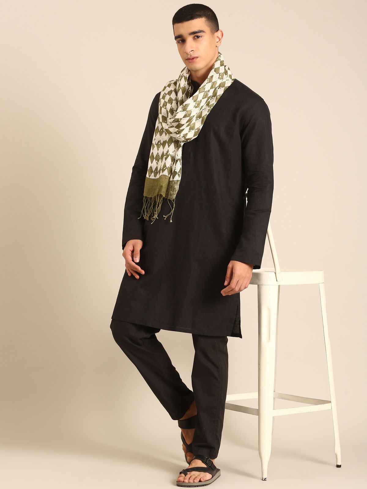 Linen Club Unisex Linen Stole Geometric Off White (Size:Free)