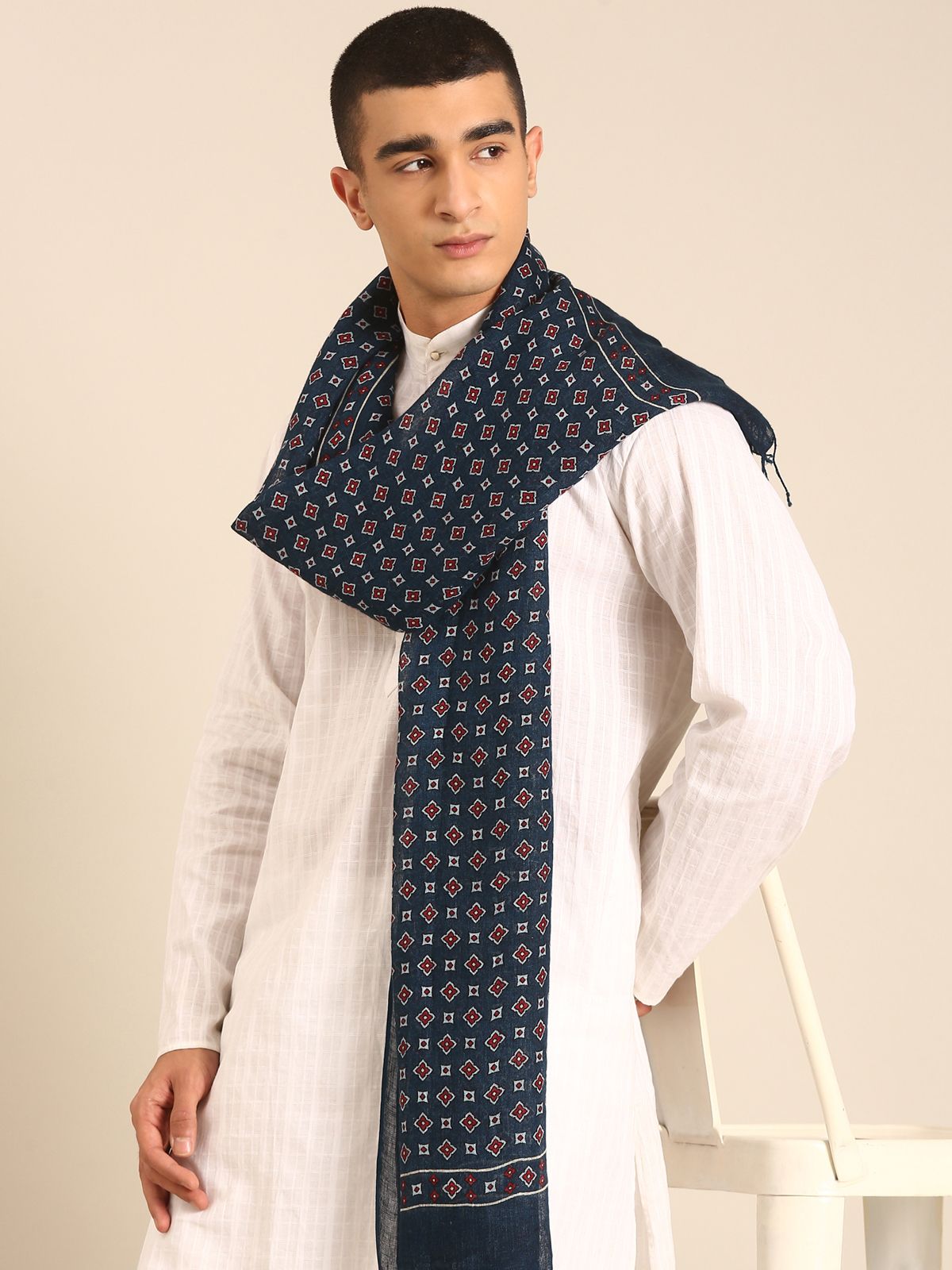 Linen Club Unisex Linen Stole Geometric Dark Indigo (Size:Free)