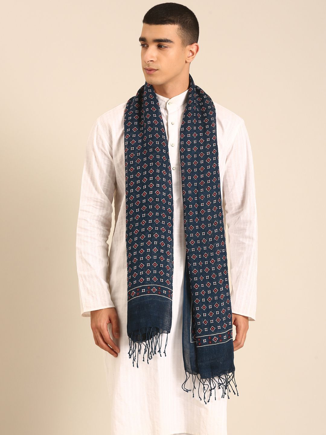 Linen Club Unisex Linen Stole Geometric Dark Indigo (Size:Free)