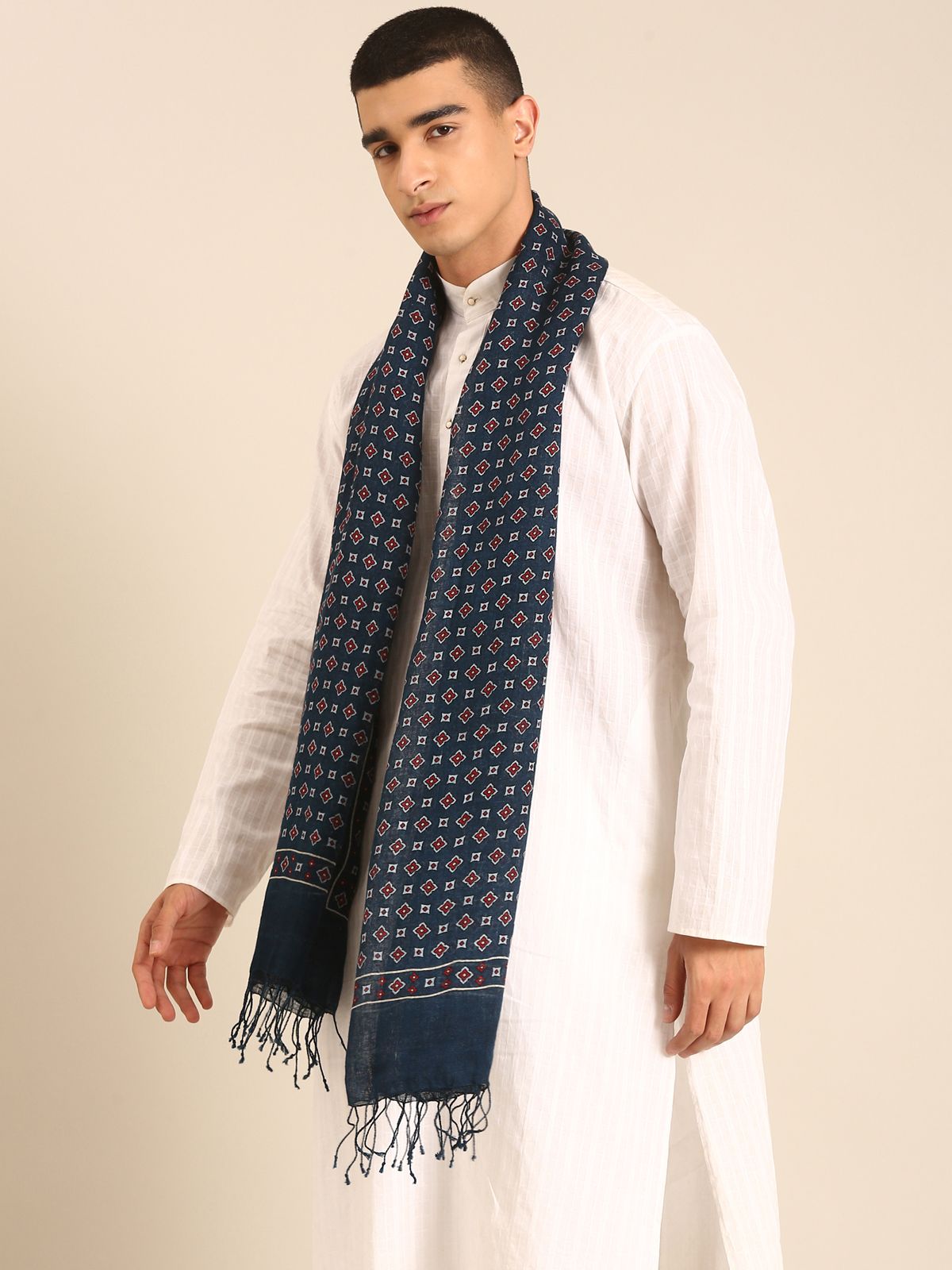Linen Club Unisex Linen Stole Geometric Dark Indigo (Size:Free)