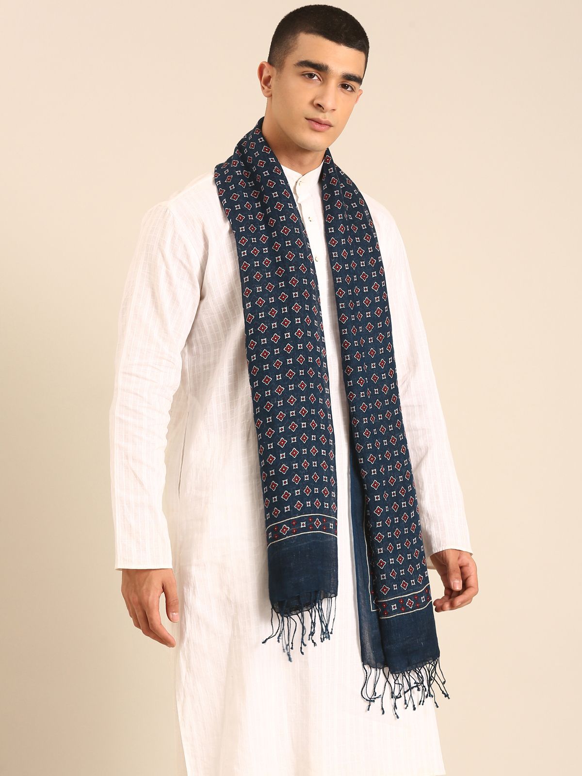 Linen Club Unisex Linen Stole Geometric Dark Indigo (Size:Free)