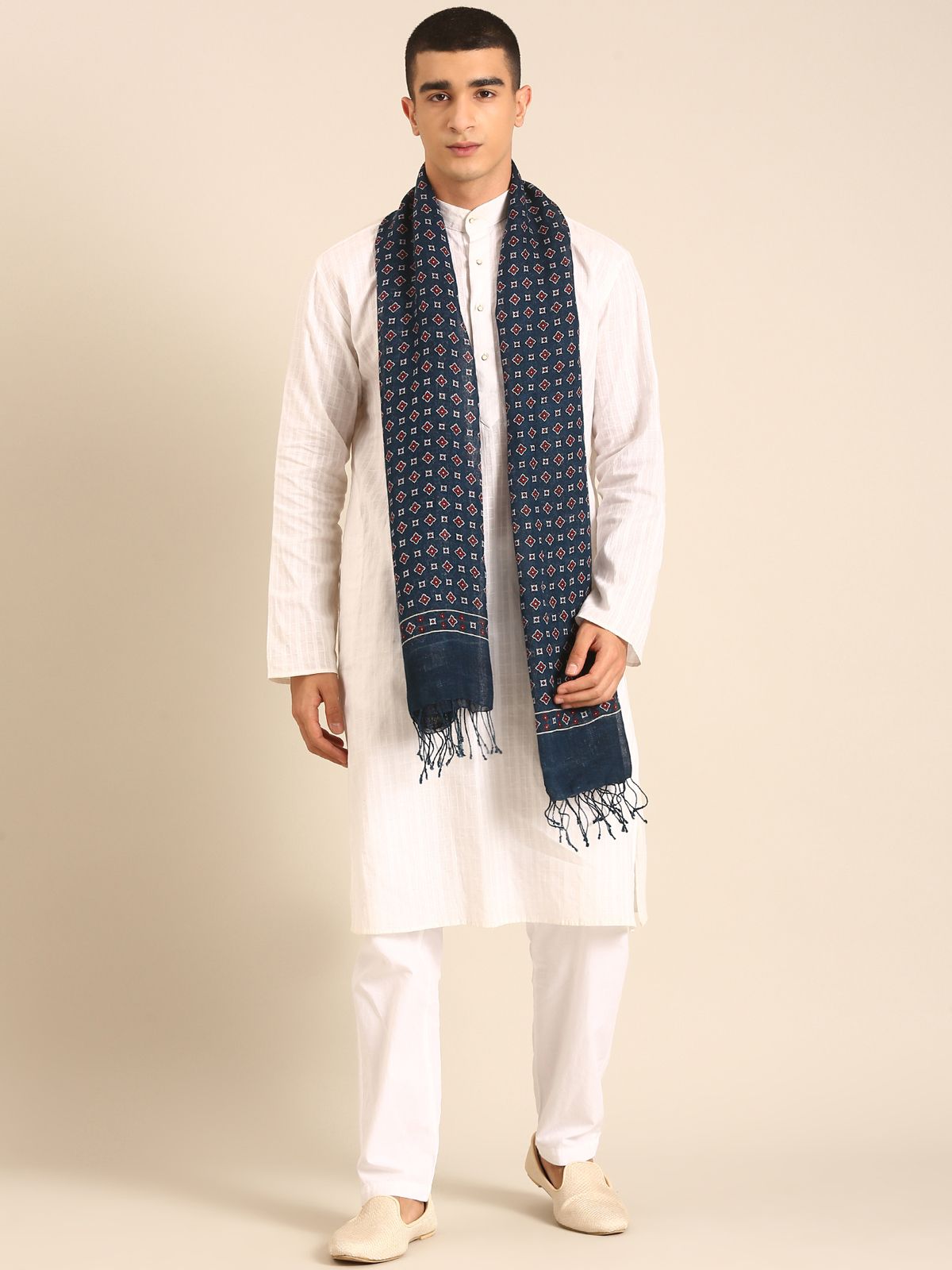 Linen Club Unisex Linen Stole Geometric Dark Indigo (Size:Free)