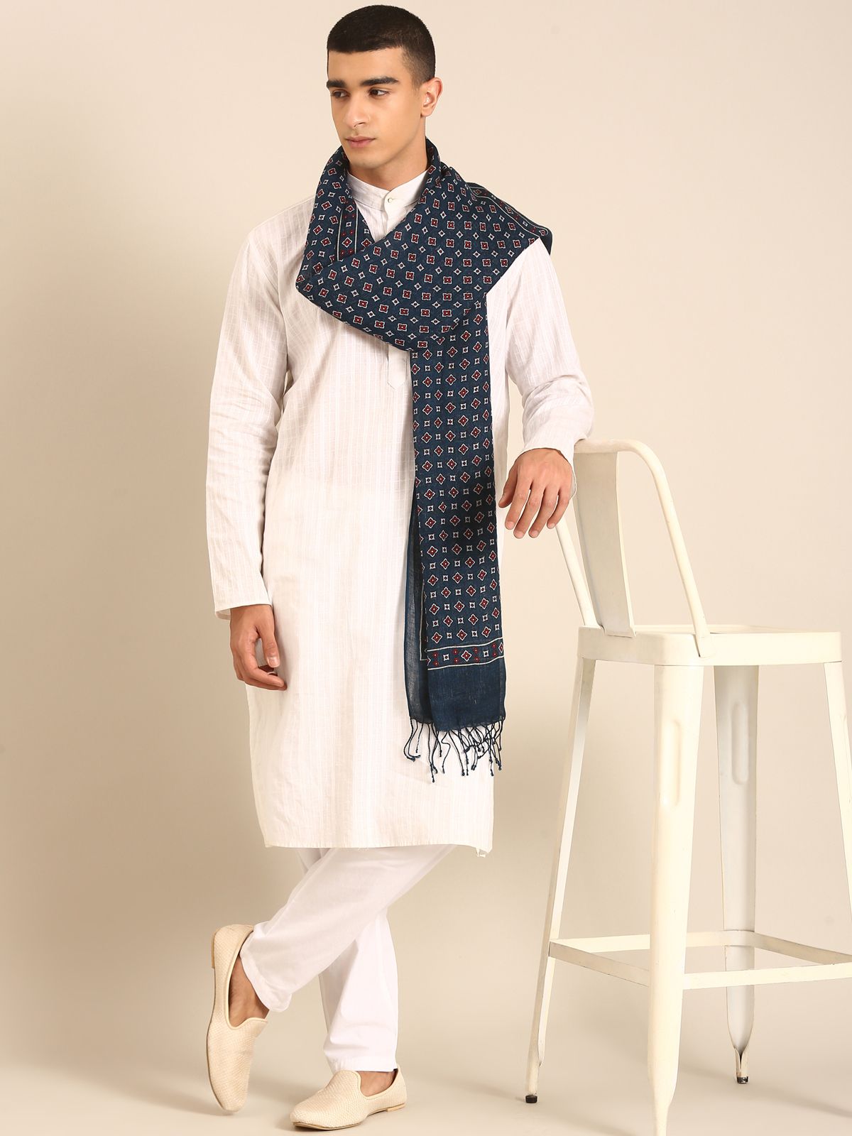 Linen Club Unisex Linen Stole Geometric Dark Indigo (Size:Free)