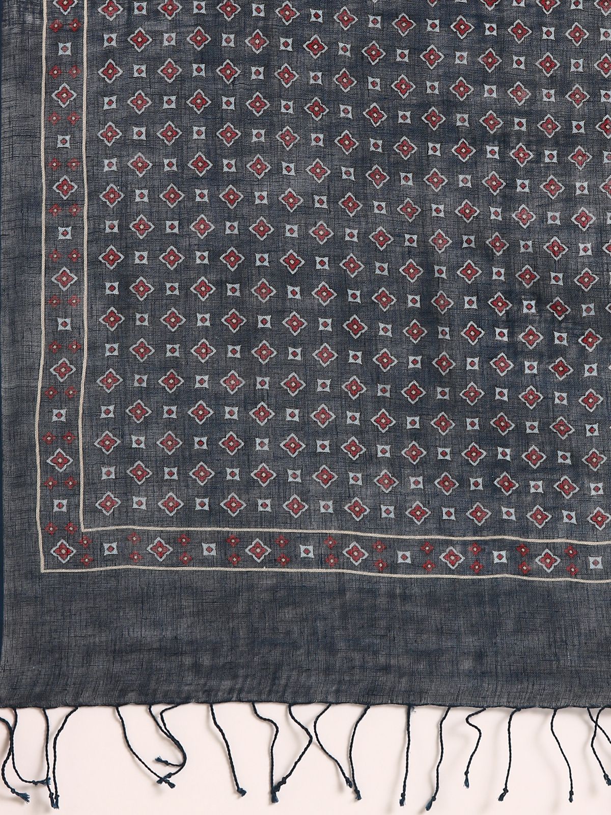 Linen Club Unisex Linen Stole Geometric Dark Indigo (Size:Free)