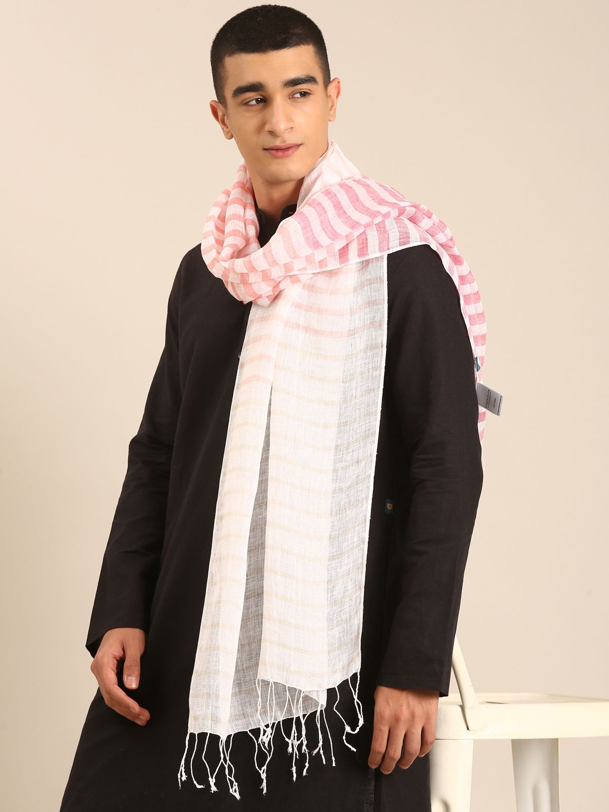 Linen Club Unisex Linen Stole Striped White (Size:Free)