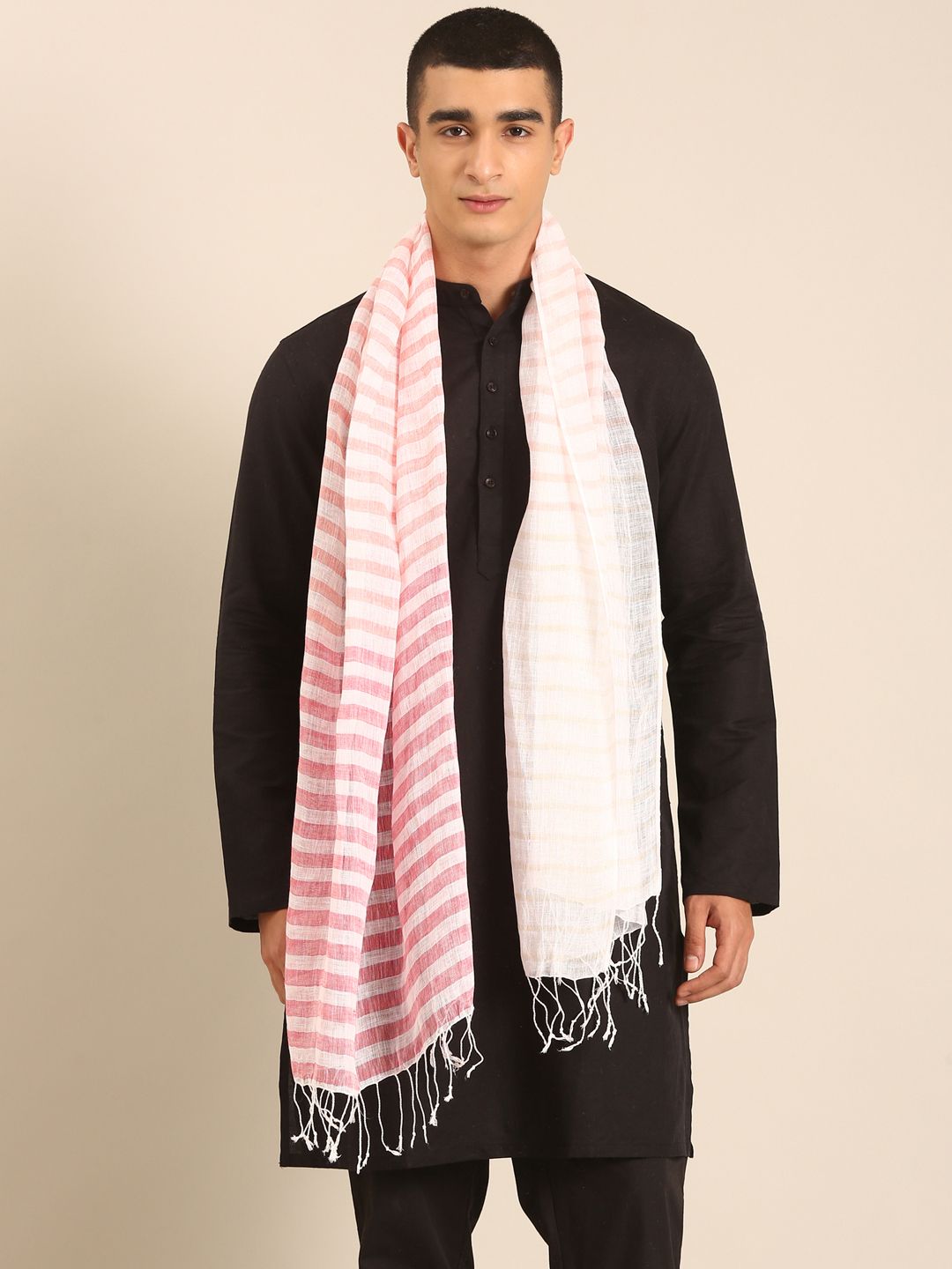 Linen Club Unisex Linen Stole Striped White (Size:Free)