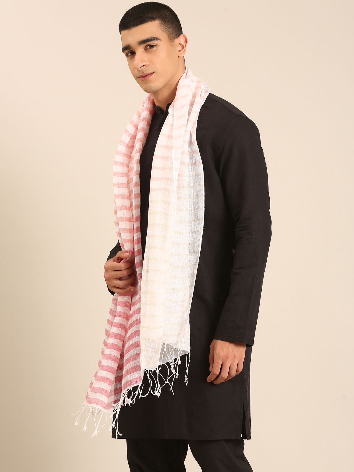 Linen Club Unisex Linen Stole Striped White (Size:Free)