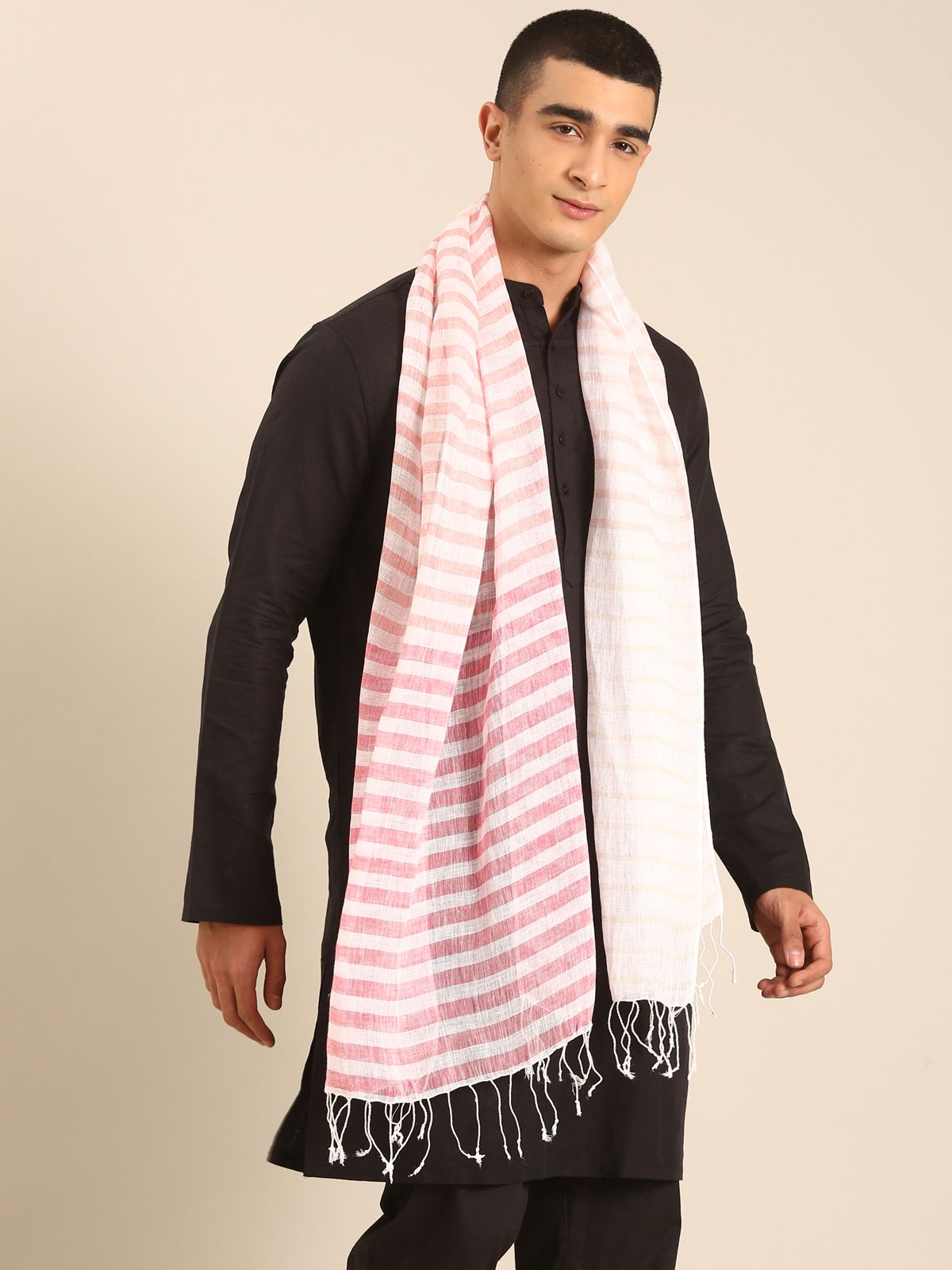 Linen Club Unisex Linen Stole Striped White (Size:Free)