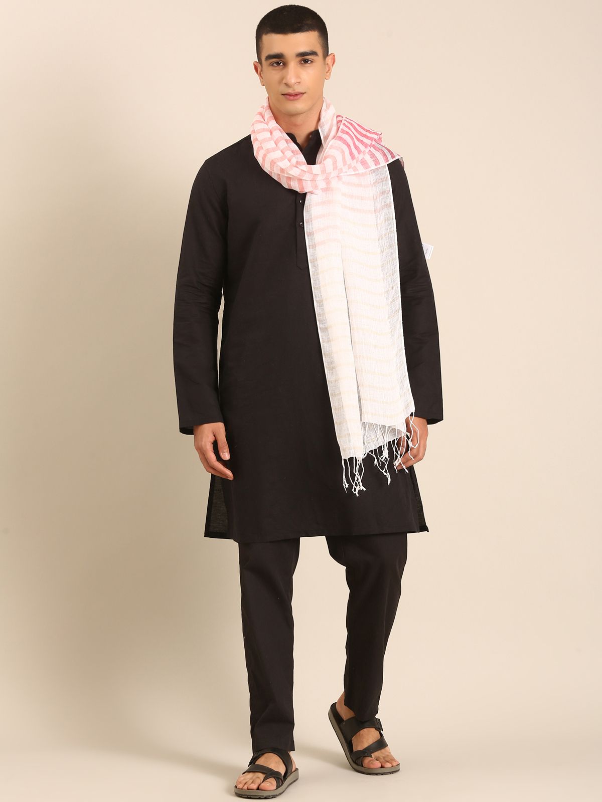 Linen Club Unisex Linen Stole Striped White (Size:Free)