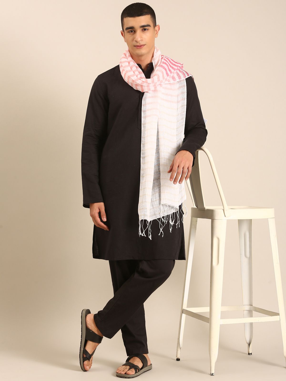 Linen Club Unisex Linen Stole Striped White (Size:Free)