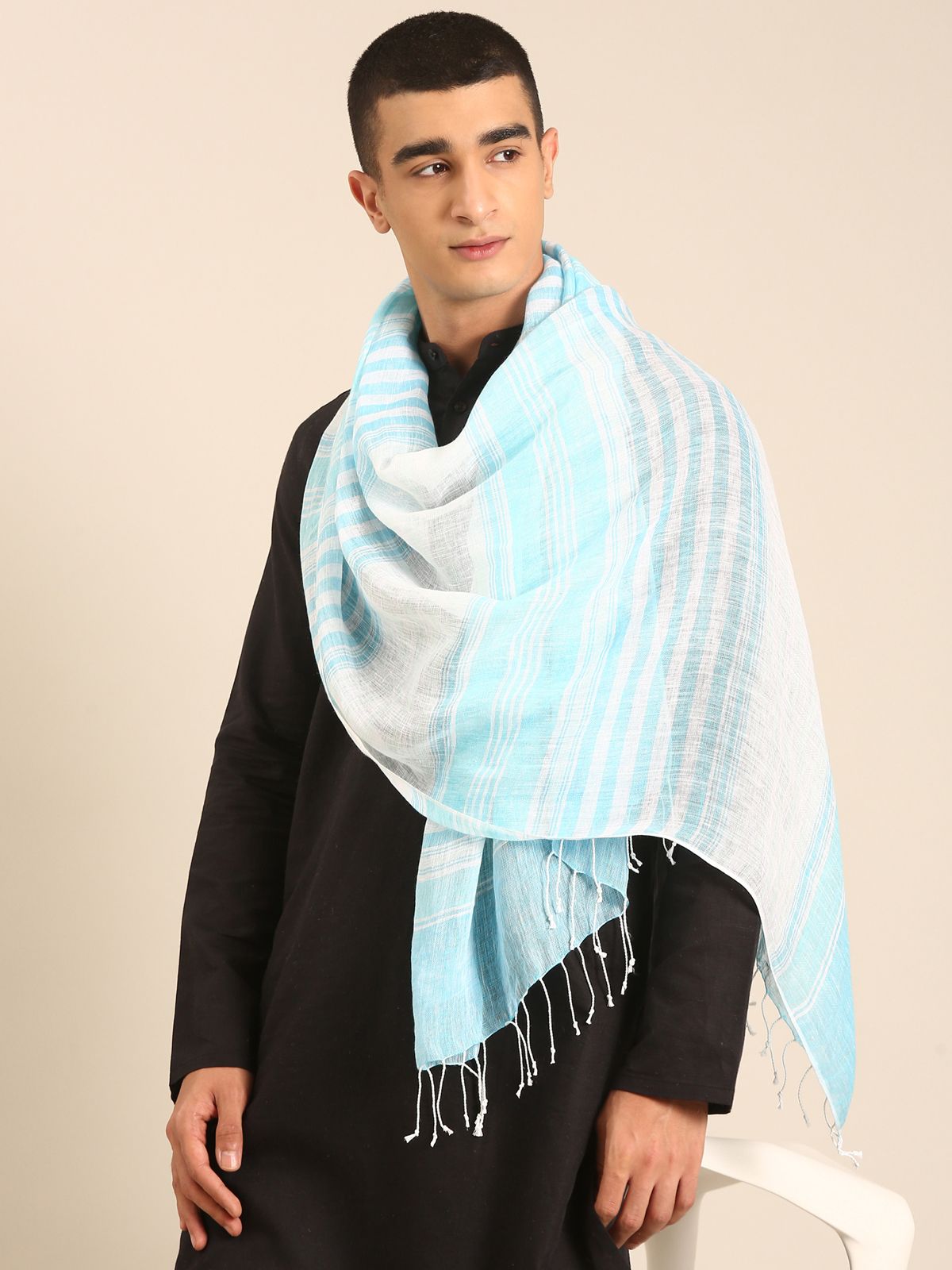 Linen Club Unisex Linen Stole Striped White (Size:Free)