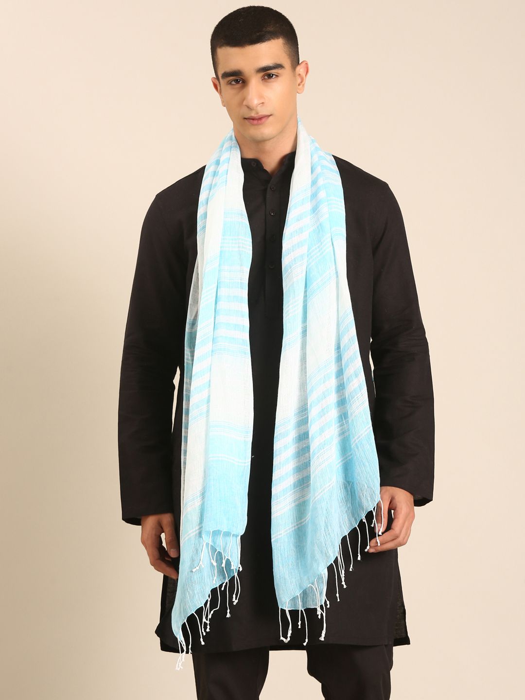 Linen Club Unisex Linen Stole Striped White (Size:Free)