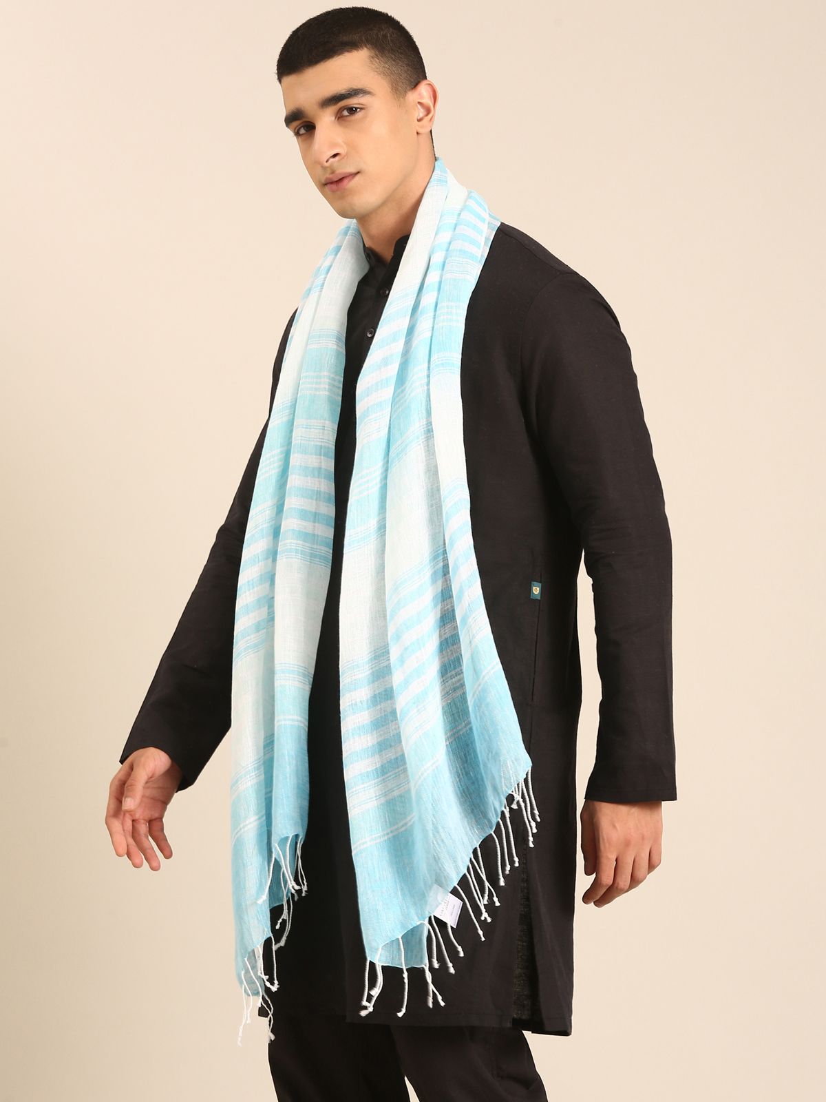 Linen Club Unisex Linen Stole Striped White (Size:Free)