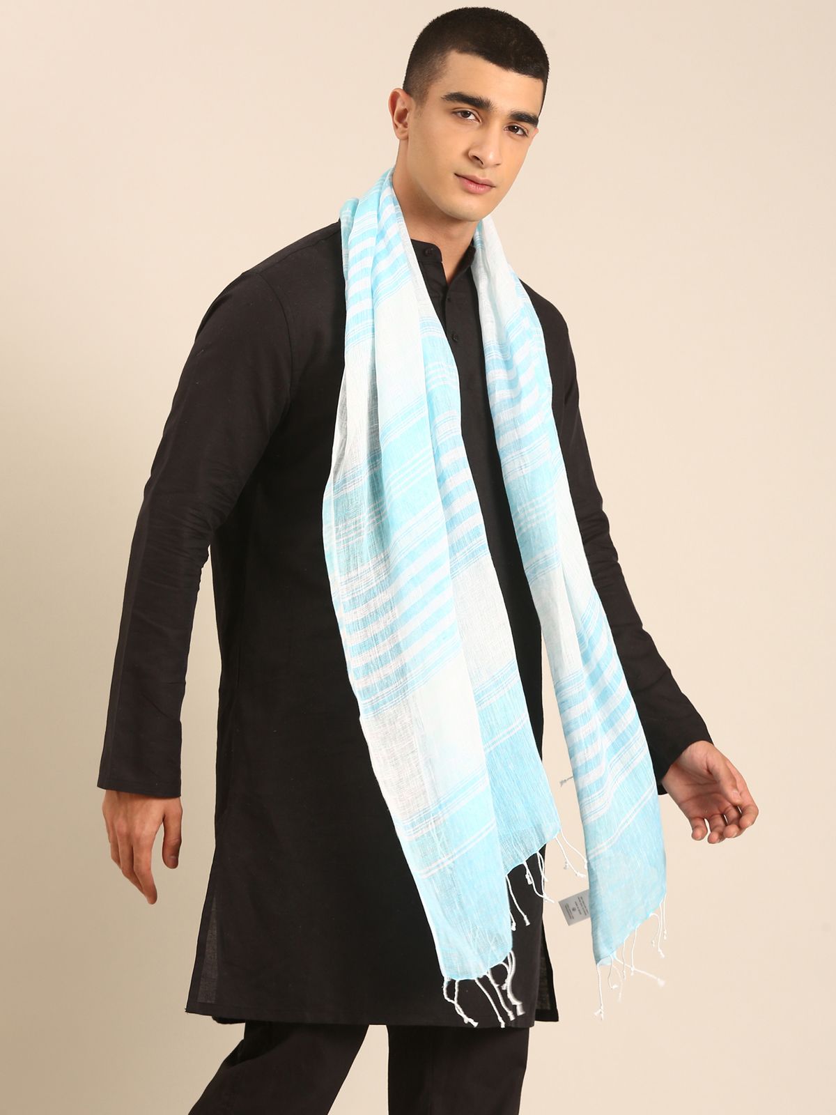 Linen Club Unisex Linen Stole Striped White (Size:Free)