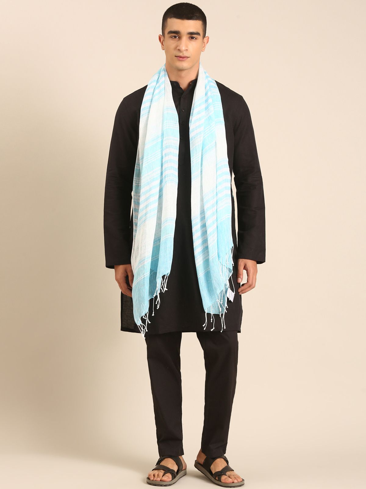Linen Club Unisex Linen Stole Striped White (Size:Free)