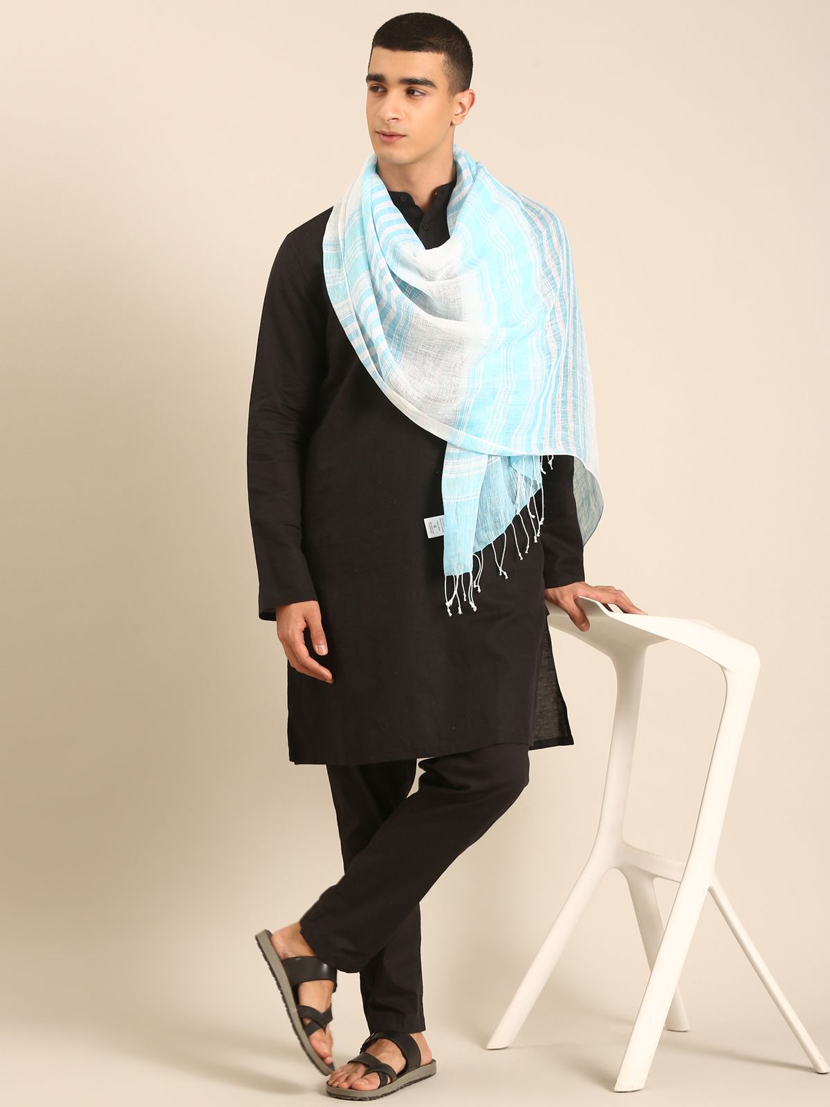 Linen Club Unisex Linen Stole Striped White (Size:Free)